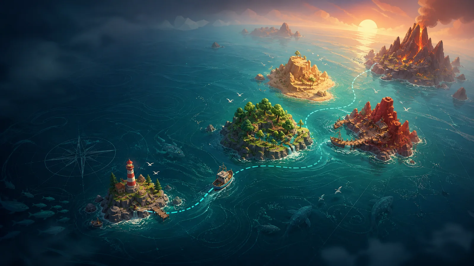 Illustrated route connecting the five How to Fish game islands